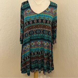 Banana Lemon Blue & Black Asymmetrical Print Dress with 3/4 Sleeves